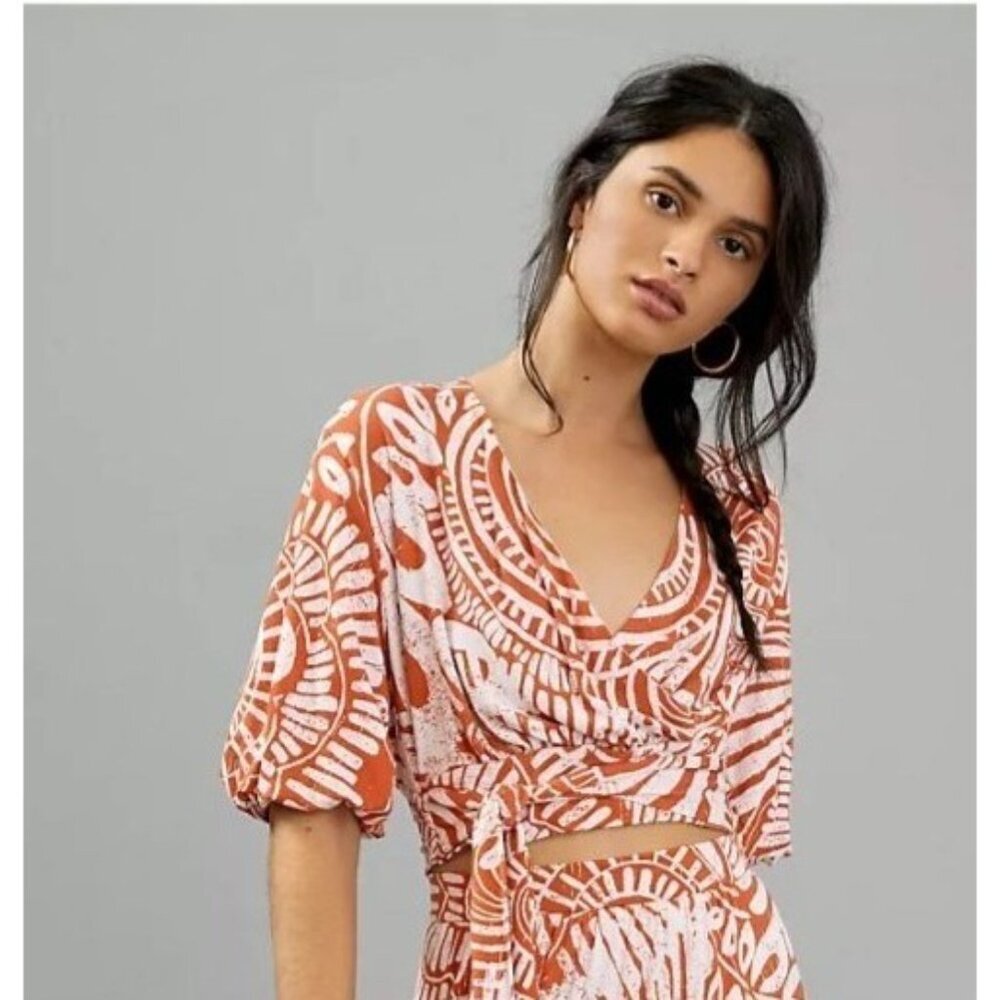 Anthropologie Bodi Blouse Sz M Faux Wrap Tie Cropped Orange Boho Short Sleeve